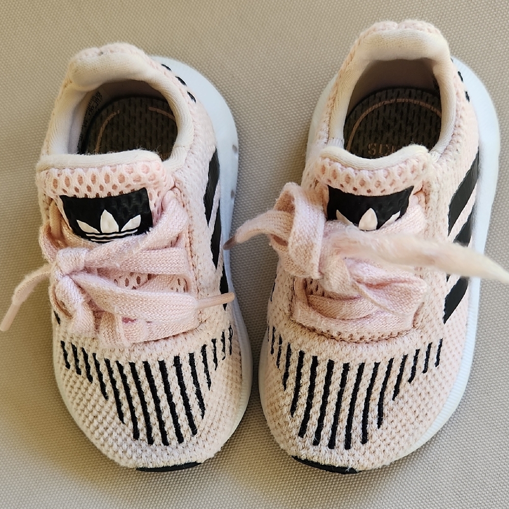 adidas Kids Light Pink Knit Sneakers with Black Stripes